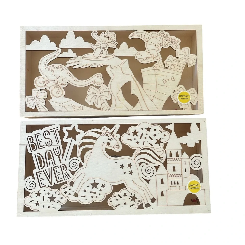 Artminds DIY pre-lit Wooden Unicorn and Dinosaur Art Decor Set of 2